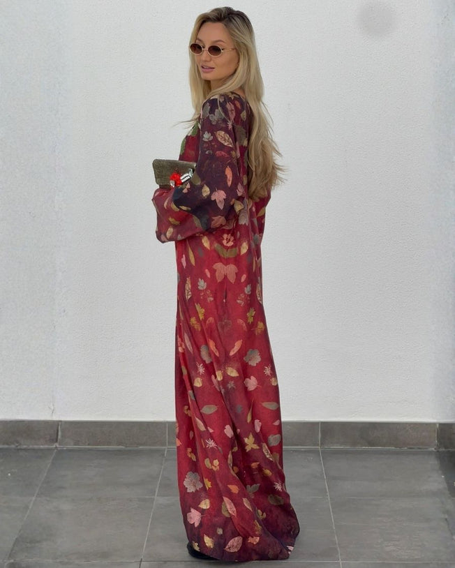 Maroon V-Neck with Cut Dana Embroidered and Autumn Digi-Print Pure Silk Caftan