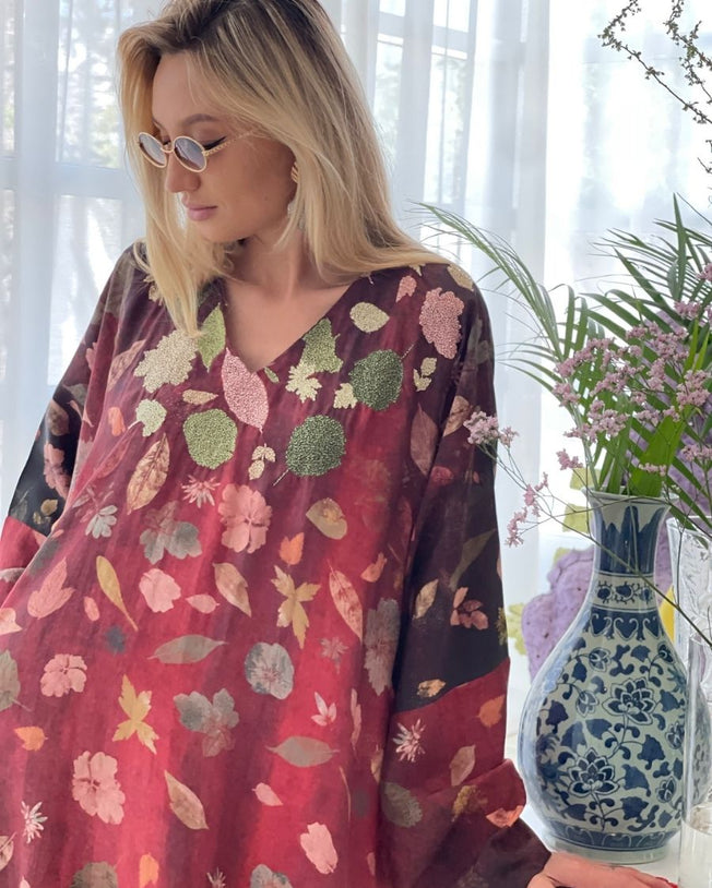 Maroon V-Neck with Cut Dana Embroidered and Autumn Digi-Print Pure Silk Caftan