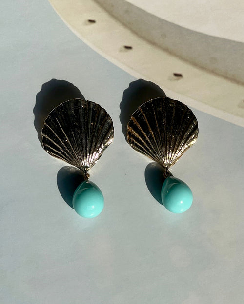 Mayorca Gold Plated Shell Earrings With Turquoise Drop