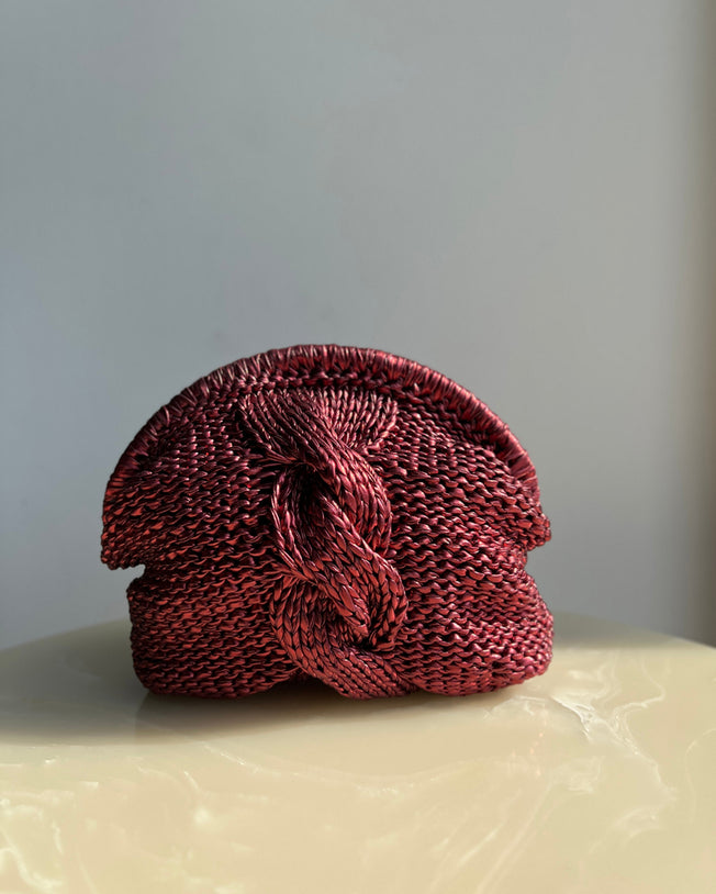Metallic Cherry Red Crochet Clutch Bag with Knot