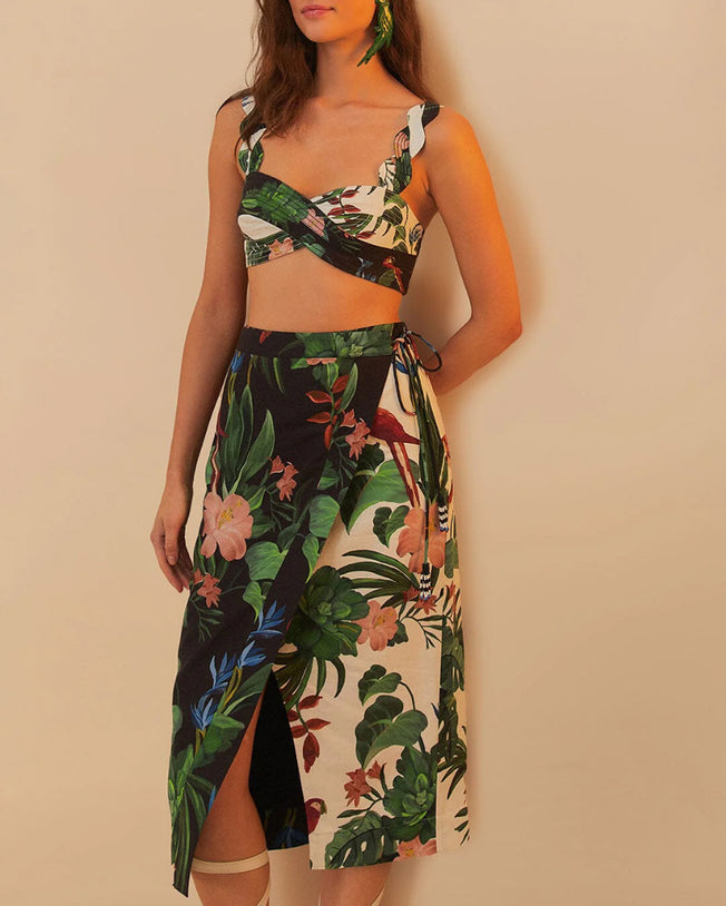 Midnight Macaw Fiesta Mix Cropped Top and Midi Skirt Set