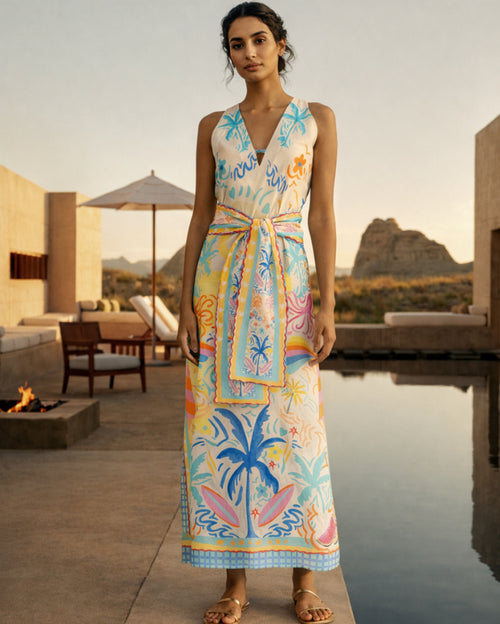Mimi Sleeveless V-neck Tropical Printed Dress