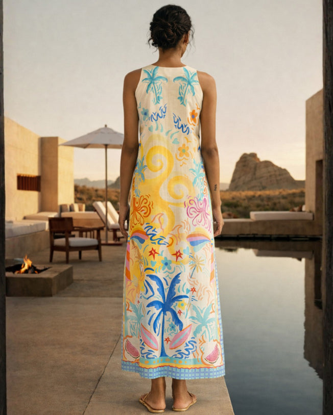 Mimi Sleeveless V-neck Tropical Printed Dress