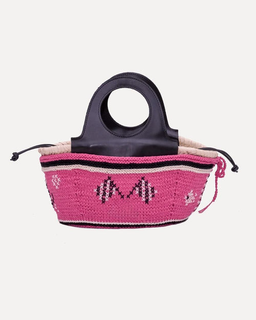 Mini Basket Bag with Leather Handle and Hand-knit Cover - Pink