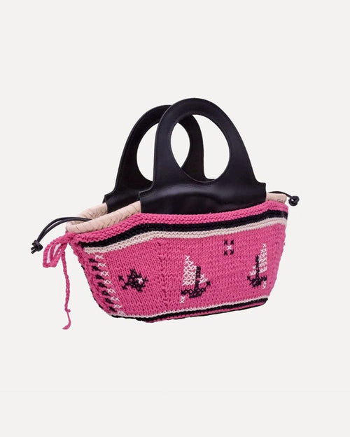Mini Basket Bag with Leather Handle and Hand-knit Cover - Pink