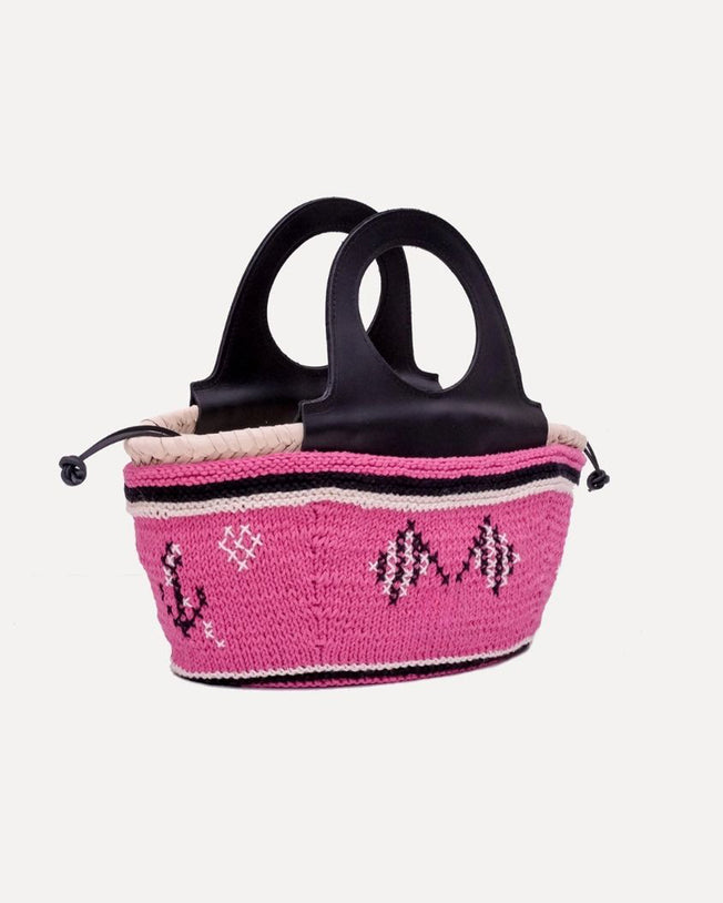 Mini Basket Bag with Leather Handle and Hand-knit Cover - Pink