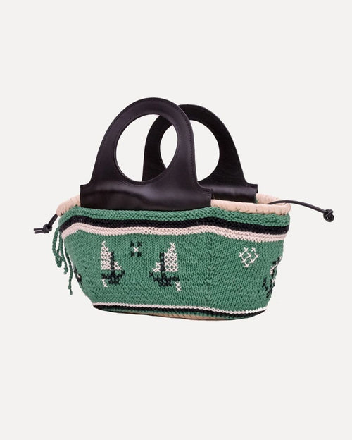Mini Basket Bag with Leather Handle and Hand-knit Cover - Green