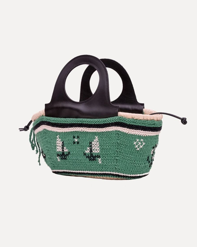 Mini Basket Bag with Leather Handle and Hand-knit Cover - Green