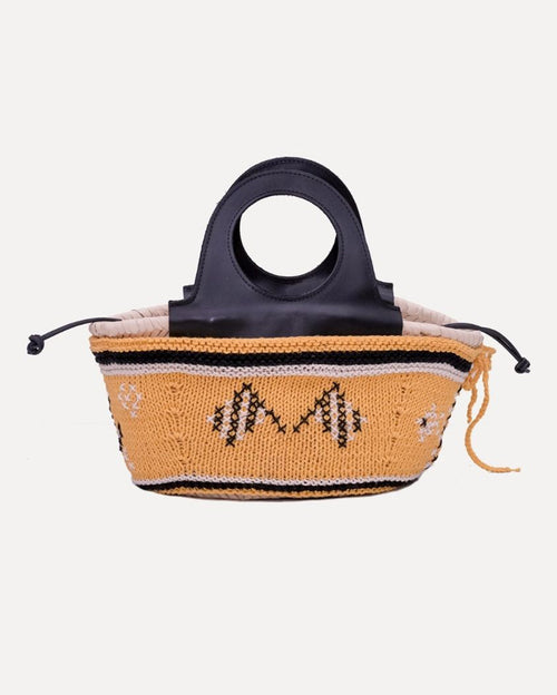 Mini Basket Bag with Leather Handle and Hand-knit Cover - Yellow