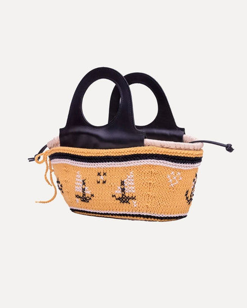 Mini Basket Bag with Leather Handle and Hand-knit Cover - Yellow