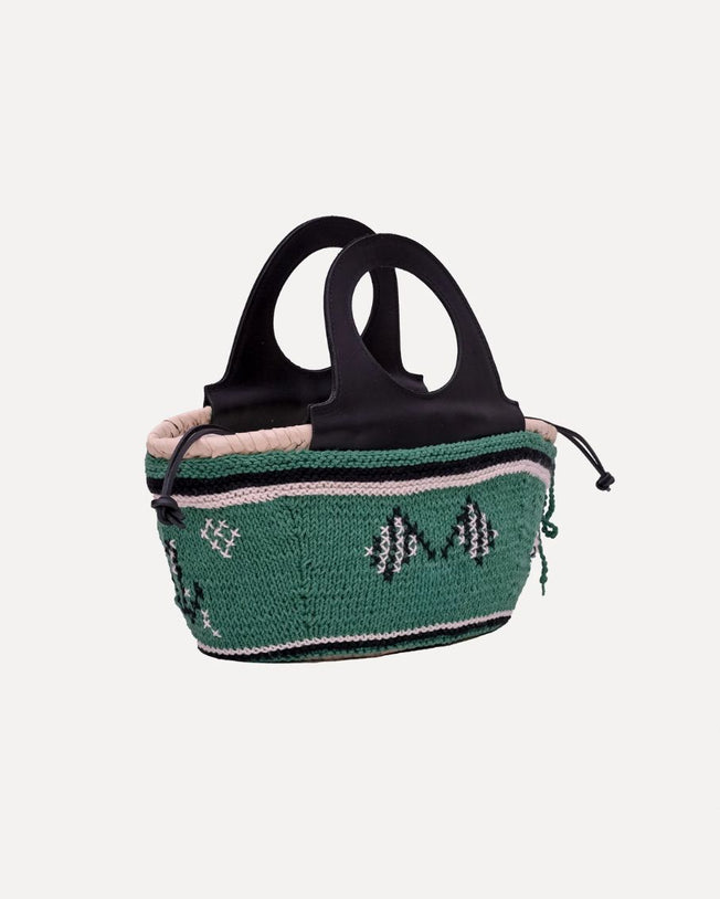 Mini Basket Bag with Leather Handle and Hand-knit Cover - Green