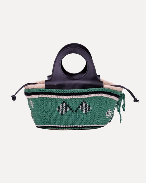 Mini Basket Bag with Leather Handle and Hand-knit Cover - Green