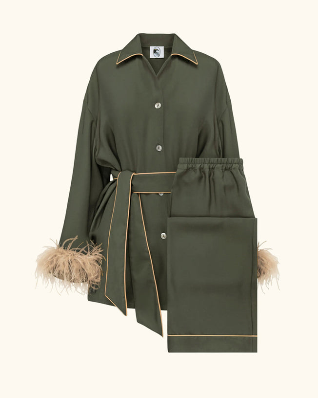 Miss Cat Belted Set with Detachable Feathers in Green