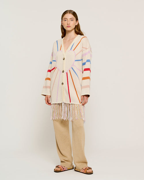 Multicolor Heart Cotton Knit Cardigan with Horn Buttons