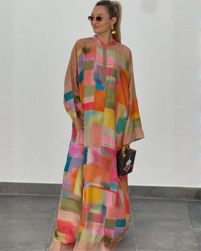 Multicolor HT Silk Mandarin Collar KP with Cutdana Emb Loose Kaftan Sleeves Miami Tetris Digi-Print