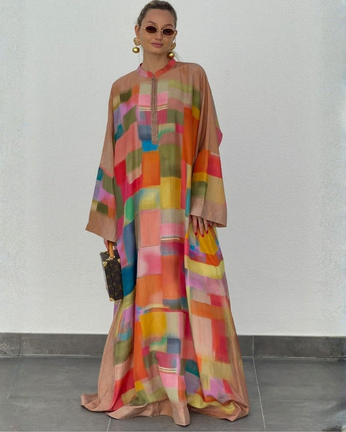 Multicolor HT Silk Mandarin Collar KP with Cutdana Emb Loose Kaftan Sleeves Miami Tetris Digi-Print