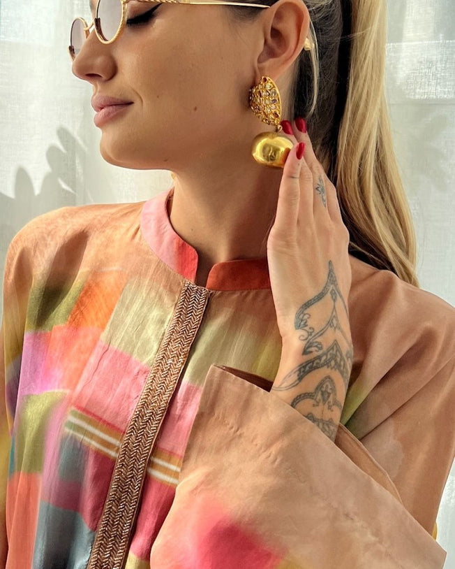 Multicolor HT Silk Mandarin Collar KP with Cutdana Emb Loose Kaftan Sleeves Miami Tetris Digi-Print