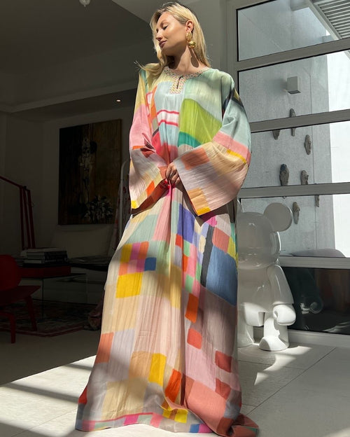 Multicolored Round-Neck with Single Front Loop Embroidered and Loose Silk Caftan Style Pixie Digi-Print