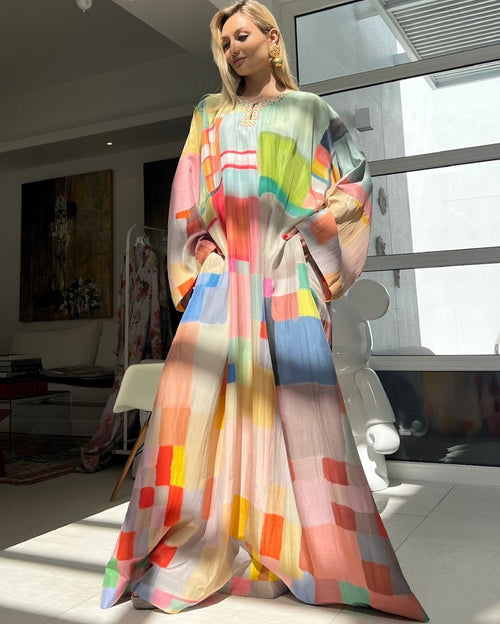 Multicolored Round-Neck with Single Front Loop Embroidered and Loose Silk Caftan Style Pixie Digi-Print