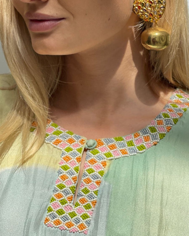 Multicolored Round-Neck with Single Front Loop Embroidered and Loose Silk Caftan Style Pixie Digi-Print