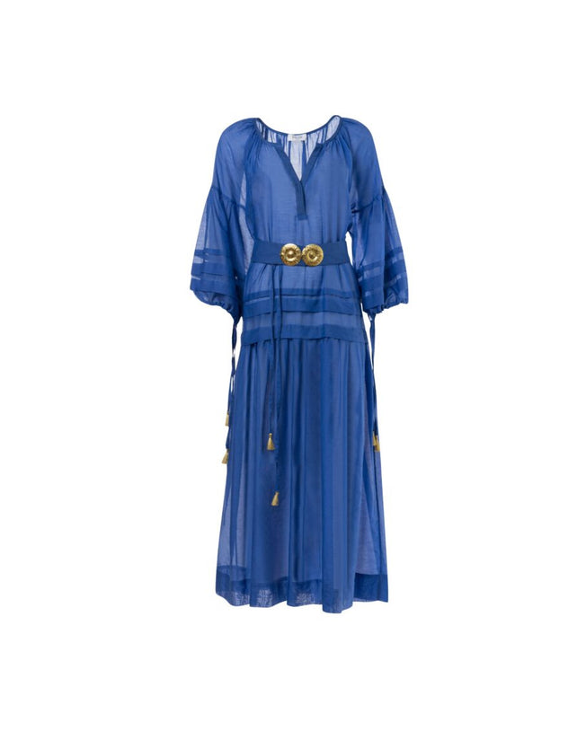 Mykonos Greek Blue Long Dress with Golden Buckles & Tassels