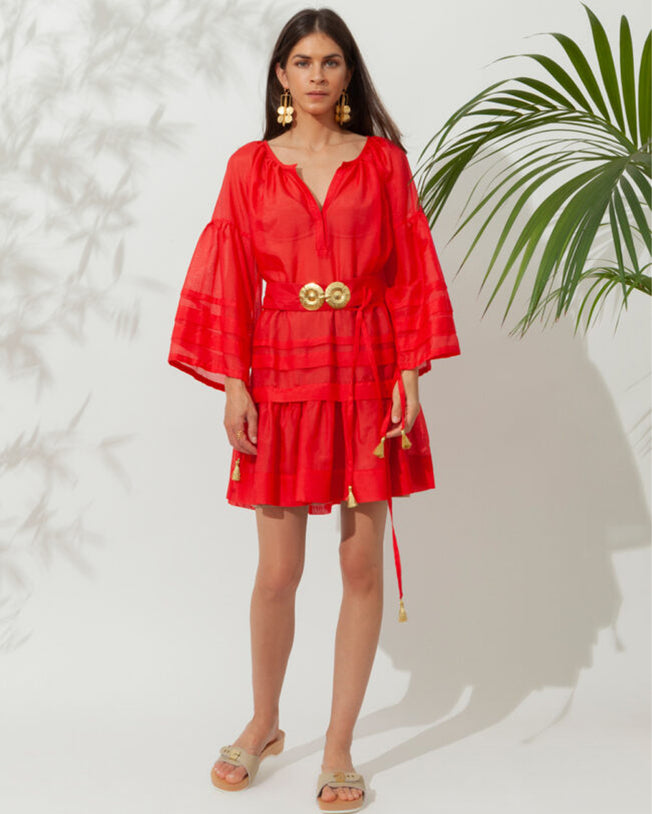 Mykonos Red Mini Dress with Golden Buckles & Tassels