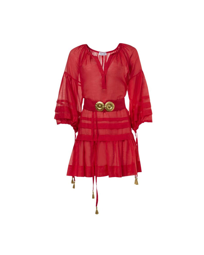Mykonos Red Mini Dress with Golden Buckles & Tassels