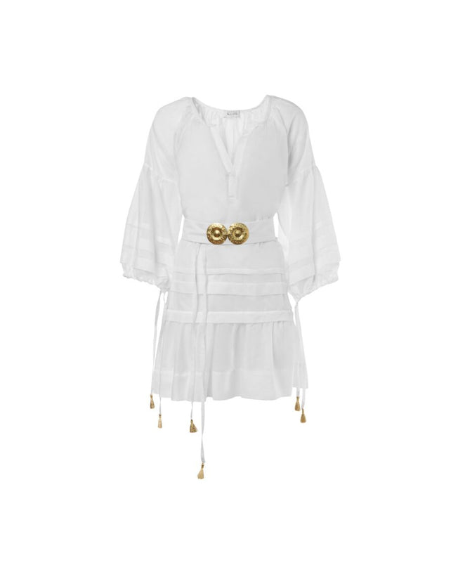 Mykonos White Mini Dress with Golden Buckles & Tassels