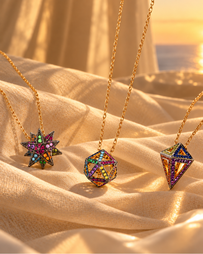 Rainbow Octahedron Pendant 18K Yellow (Black) Gold & Multi-Stones on a 81cm YG Chain