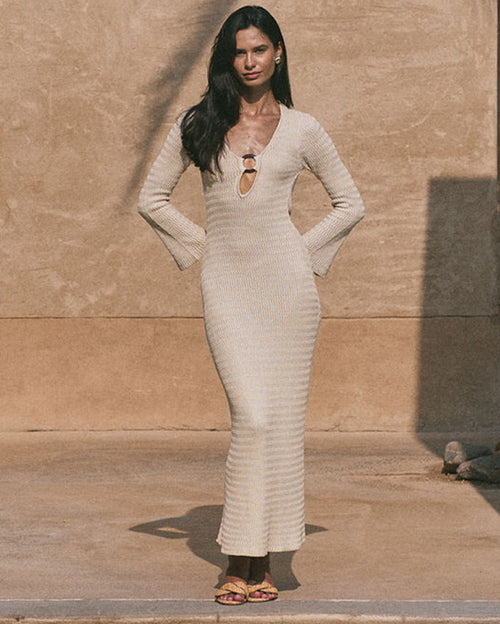 Nasira Open Back Maxi Dress with Front Split and Frontal Resin Adornment - Taupe