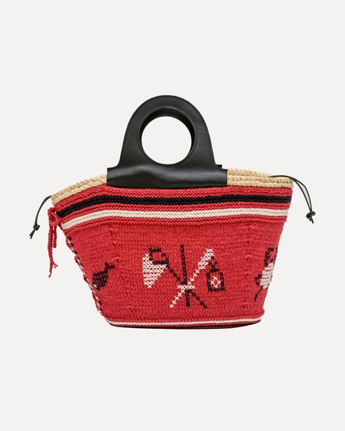 Natural Palm Basket with Leather Handle and Hand-knit Cover - Red
