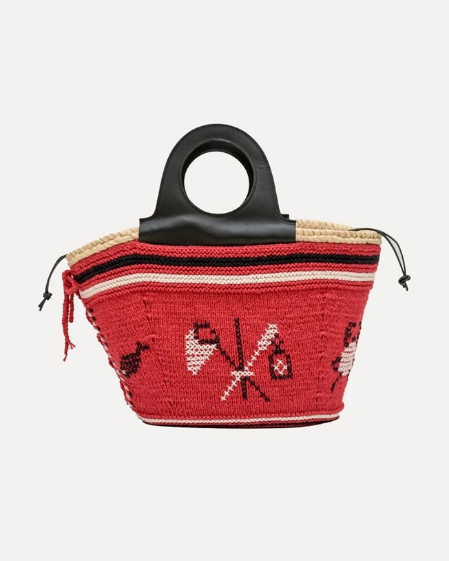 Natural Palm Basket with Leather Handle and Hand-knit Cover - Red