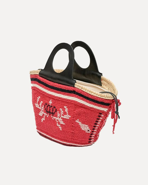 Natural Palm Basket with Leather Handle and Hand-knit Cover - Red