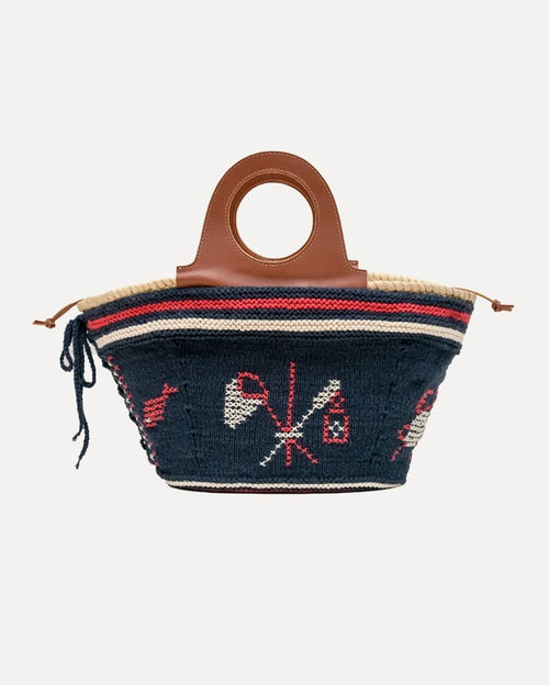 Natural Palm Basket with Leather Handle and Hand-knit Cover - Navy