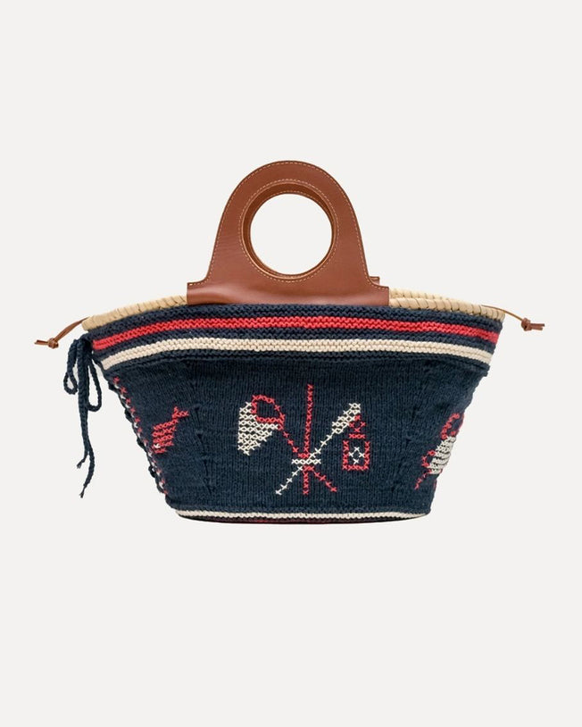 Natural Palm Basket with Leather Handle and Hand-knit Cover - Navy