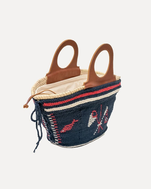 Natural Palm Basket with Leather Handle and Hand-knit Cover - Navy