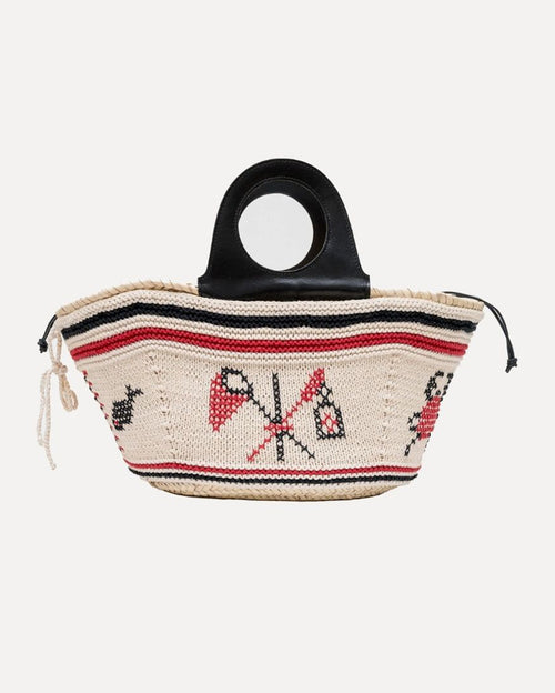 Natural Palm Basket with Leather Handle and Hand-knit Cover - Cream
