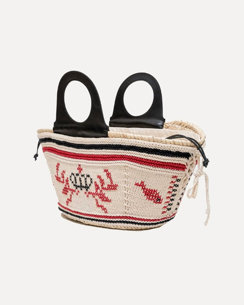 Natural Palm Basket with Leather Handle and Hand-knit Cover - Cream