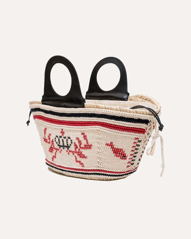 Natural Palm Basket with Leather Handle and Hand-knit Cover - Cream