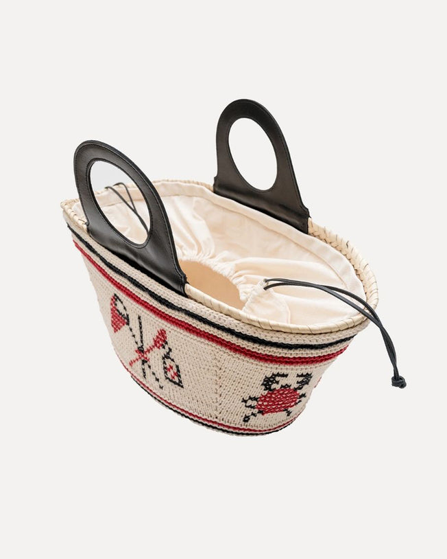 Natural Palm Basket with Leather Handle and Hand-knit Cover - Cream