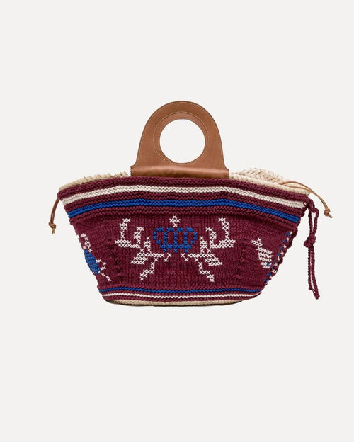 Natural Palm Basket with Leather Handle and Hand-knit Cover - Burgundy