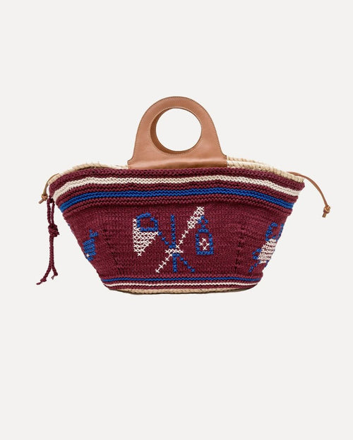 Natural Palm Basket with Leather Handle and Hand-knit Cover - Burgundy