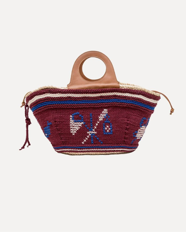 Natural Palm Basket with Leather Handle and Hand-knit Cover - Burgundy