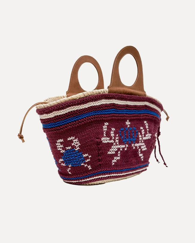 Natural Palm Basket with Leather Handle and Hand-knit Cover - Burgundy