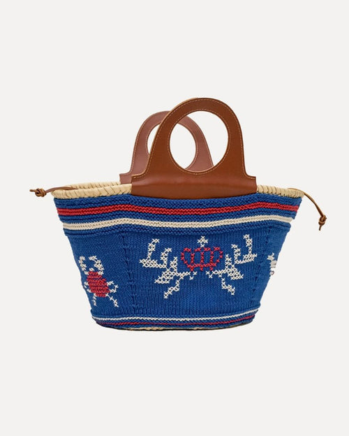Natural Palm Basket with Leather Handle and Hand-knit Cover - Blue