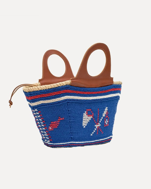 Natural Palm Basket with Leather Handle and Hand-knit Cover - Blue