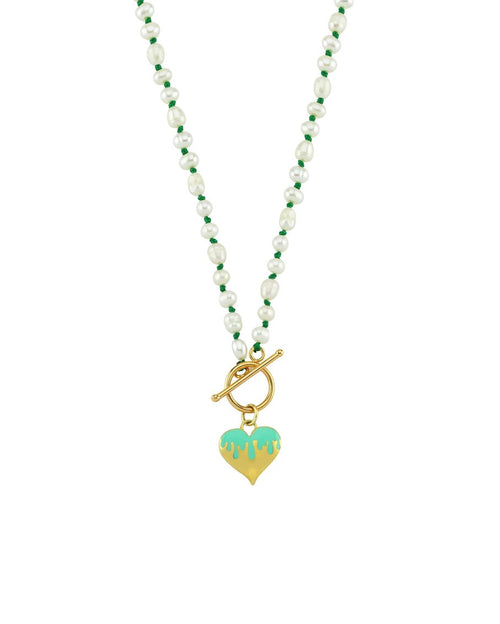 Necklace rice pearl dripping heart green