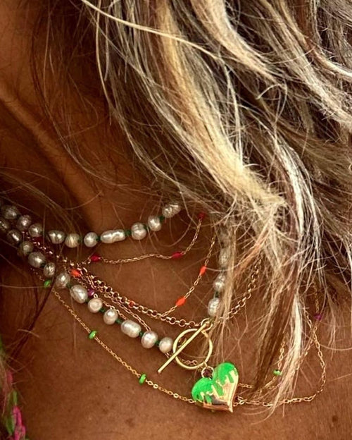 Necklace rice pearl dripping heart green