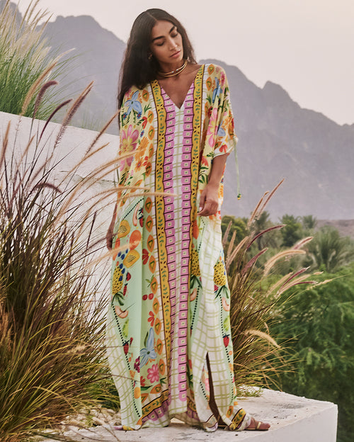 Nina Kaftan with Printed Floral & Fruit Motifs in Tea Green