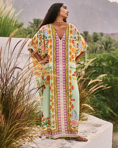 Nina Kaftan with Printed Floral & Fruit Motifs in Tea Green